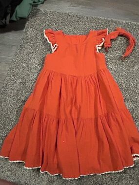 Girls' Orange Ruffle Shoulder Dress